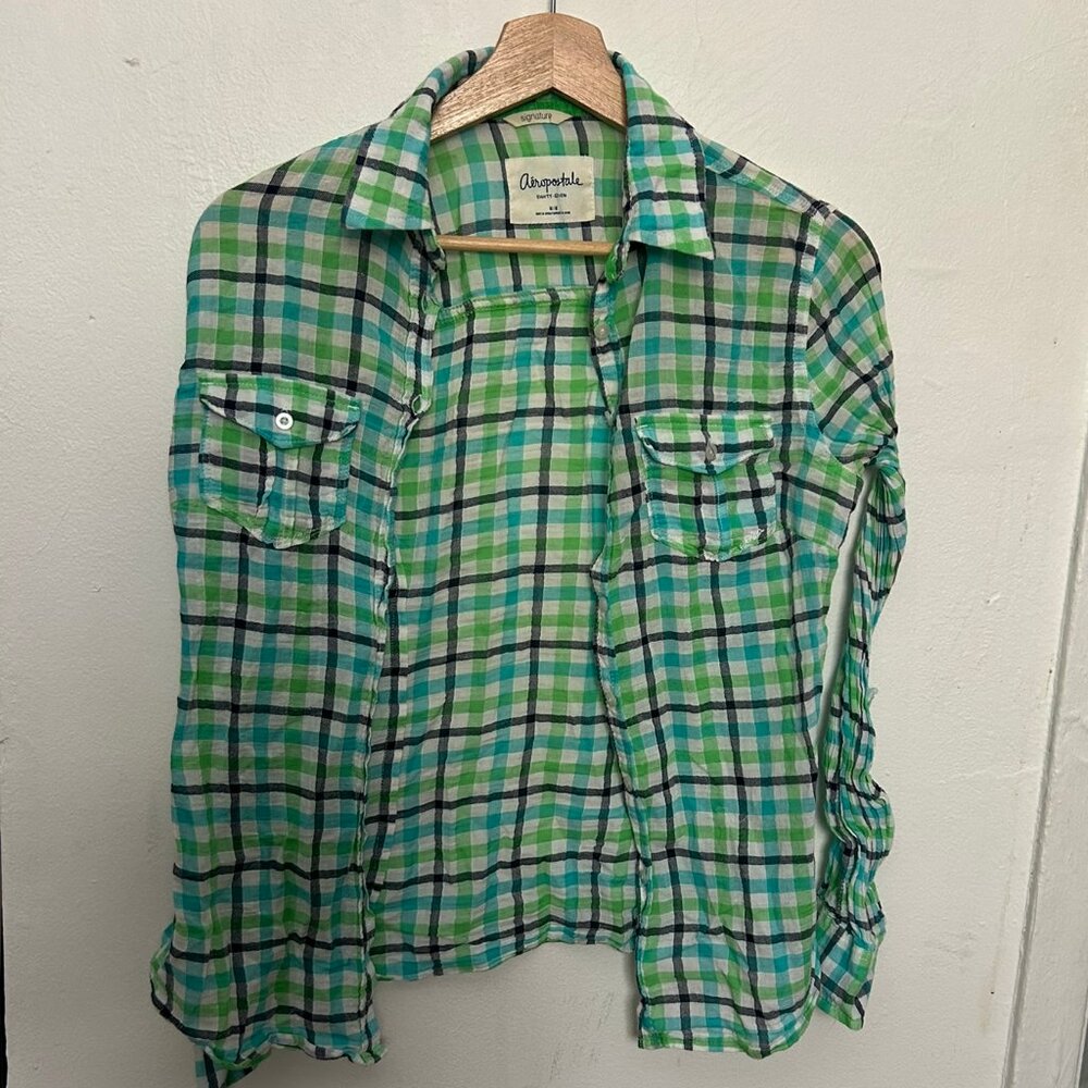 Aeropostale women's green and blue plaid button down